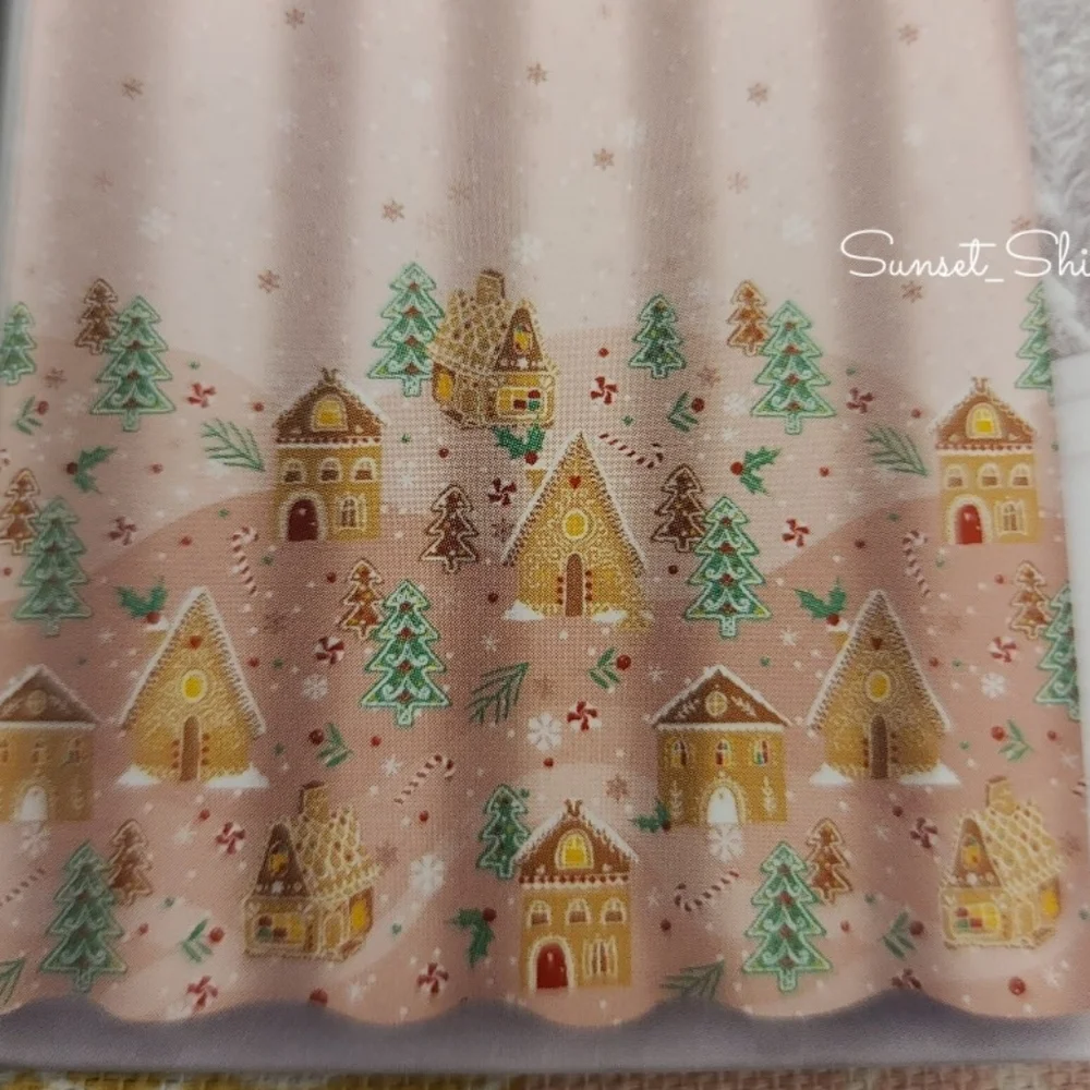Pink Gingerbread House Christmas Village Fabric Shower Curtain Bathroom Decor